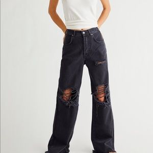 Free People Washed Black Distressed Wide-Leg Jeans
